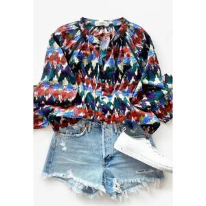 ALLISON NEW YORK Multi Zig Zag Print Brielle Boho Tassel Tie Peasant Top, Sz M